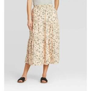 Universal Thread Womens Tiered Midi Skirt M Peasant Boho Cream Elastic Waist